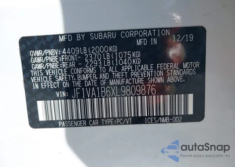 2020 Subaru Wrx Premium from USA, damaged, VIN JF1VA1B6XL9809876